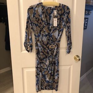 Cache gold and blue wrap dress